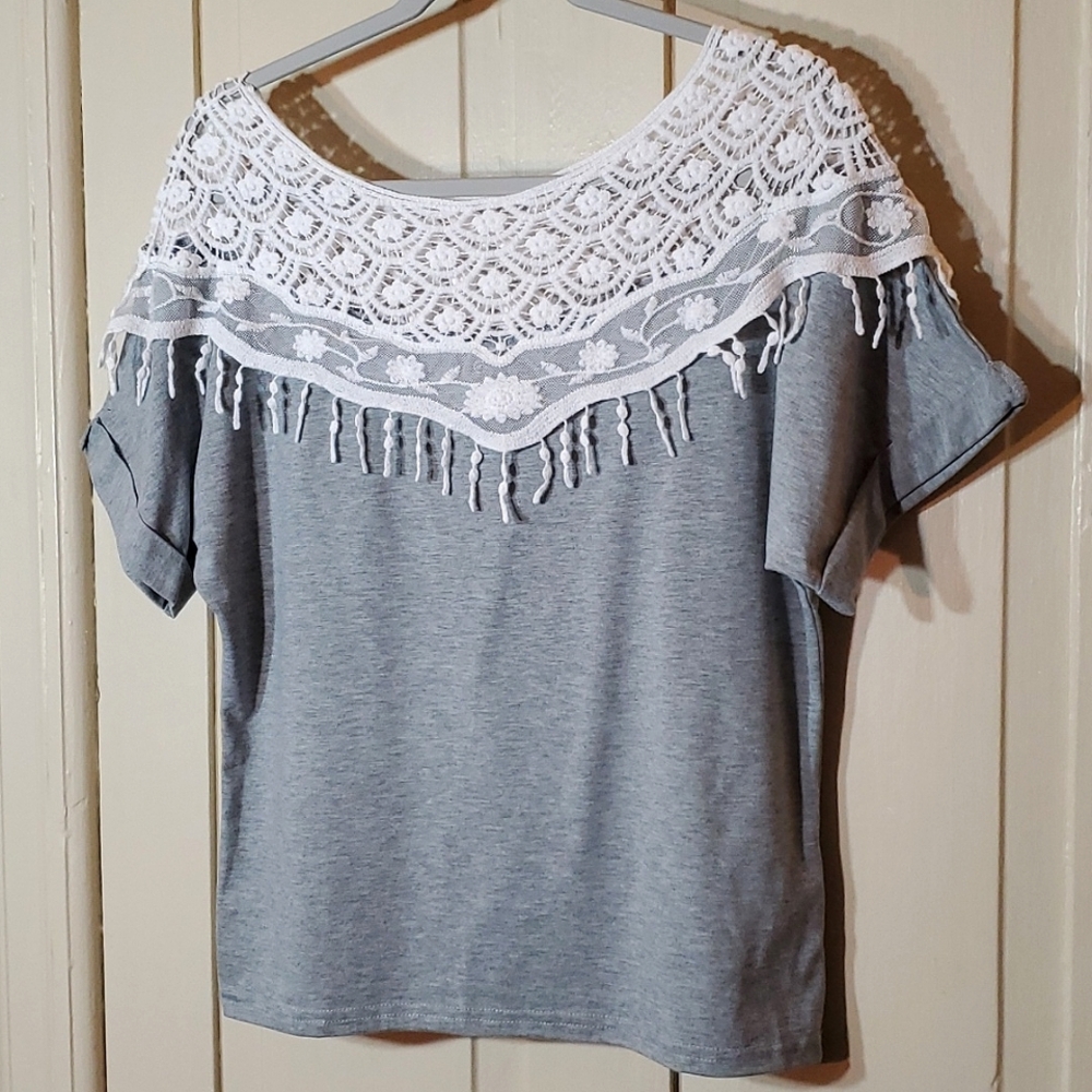 Lace Collar gray comfy short-sleeve Tee shirt HS S